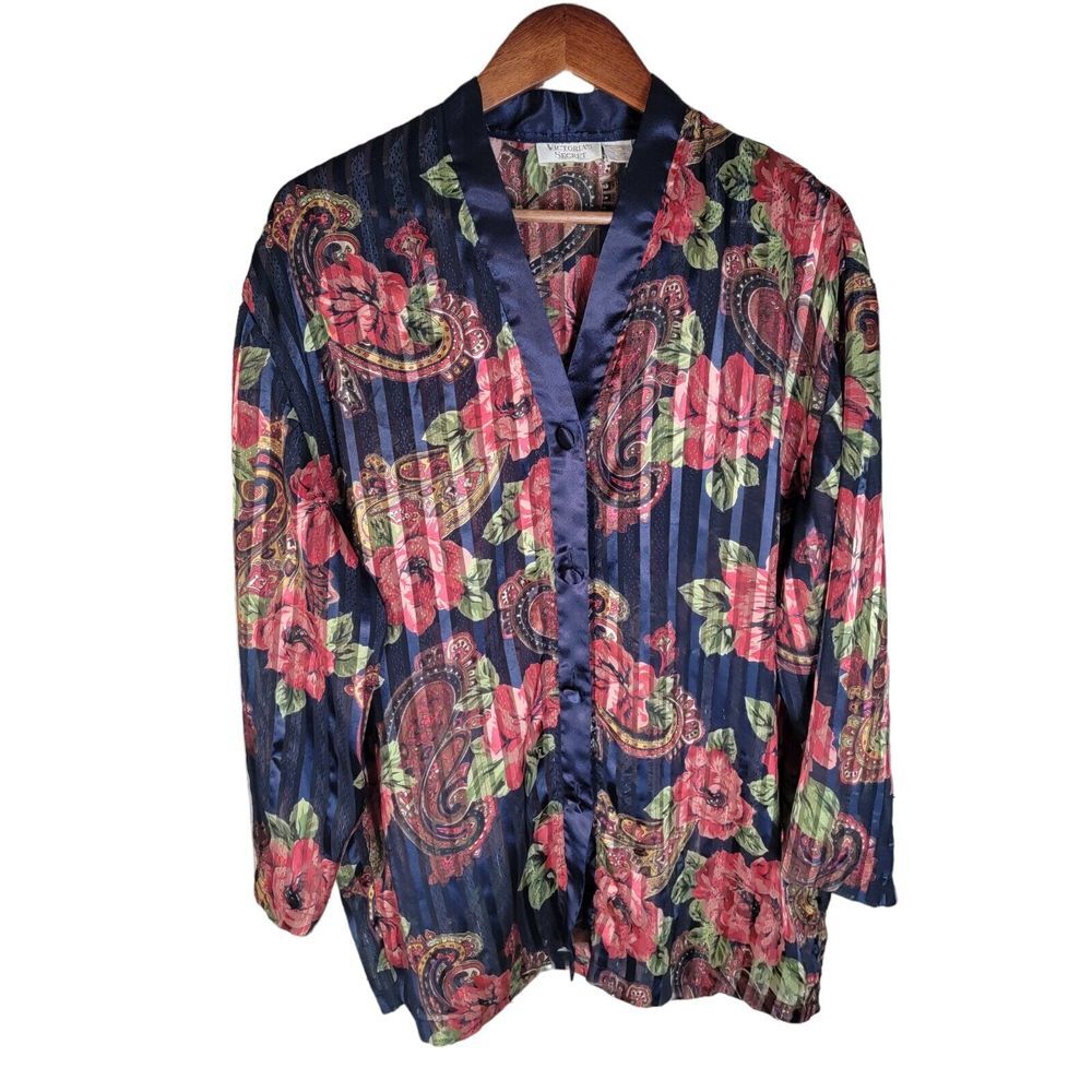VTG Victorias Secret Size M Gold Label Pajama Top Nightshirt Navy Blue Floral